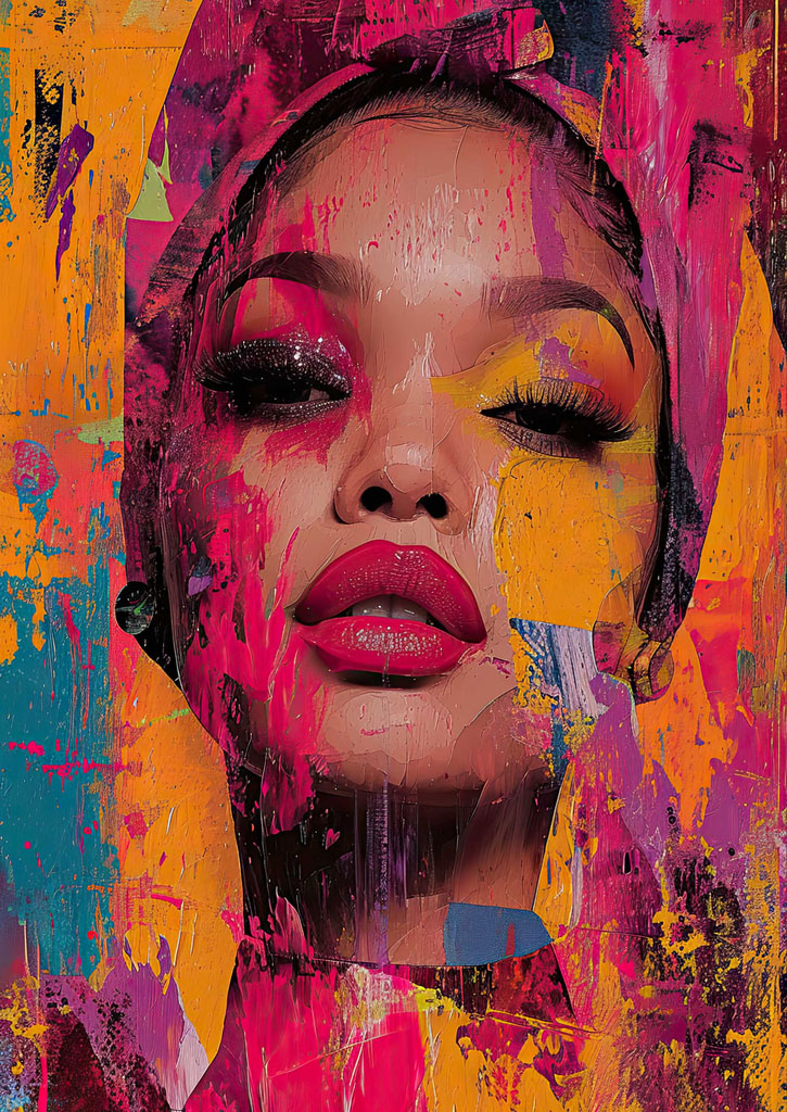 A woman's face with bright makeup surrounded by splashes of pink, orange, and yellow paint.