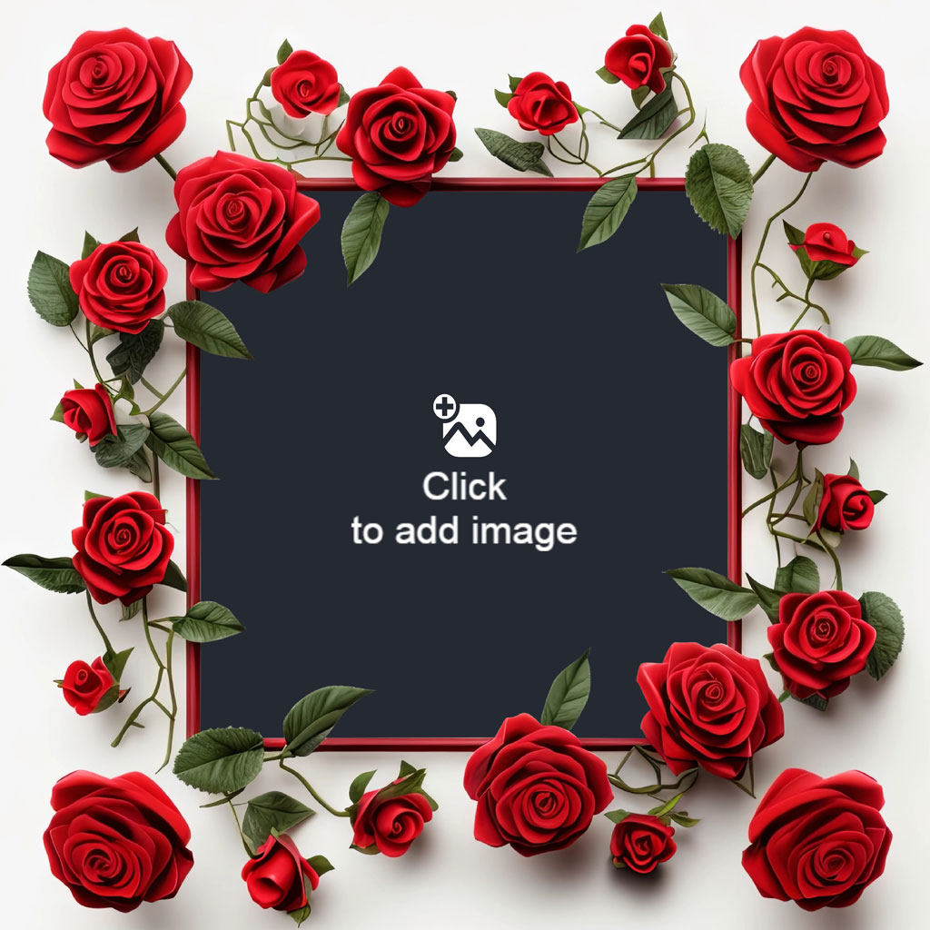 Red roses framing a black square on a white background