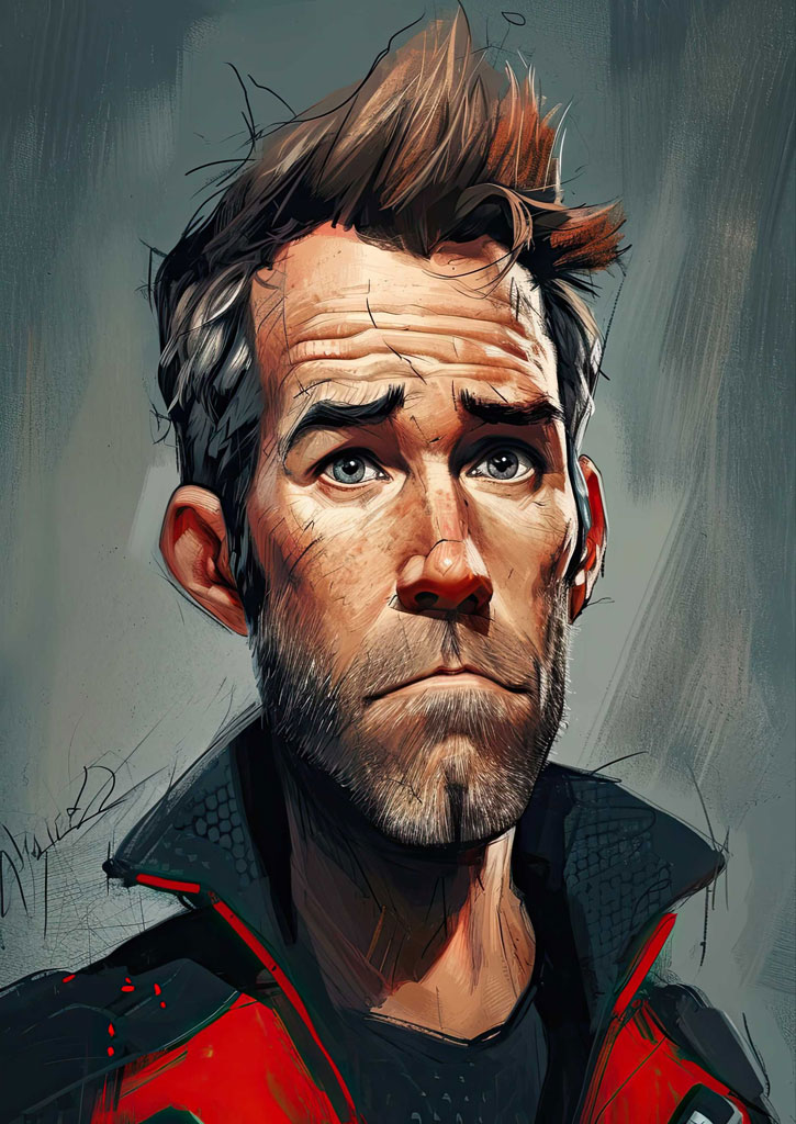 A digital portrait of a man with short brown hair and a beard, wearing a red and black jacket.