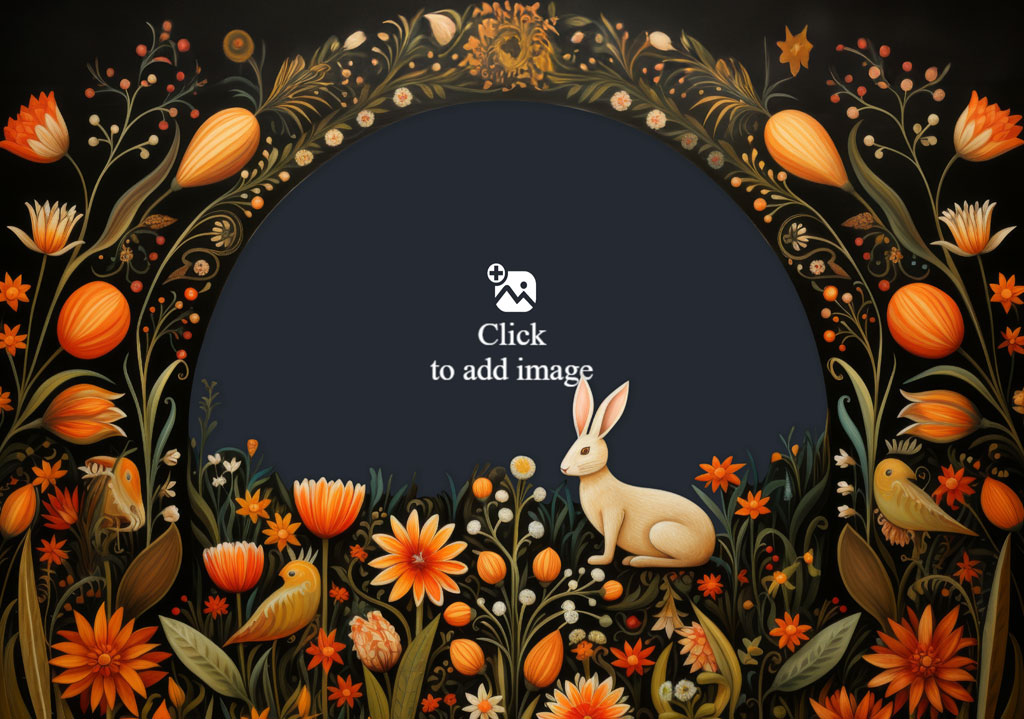 Illustration of a white rabbit in a floral frame with orange flowers