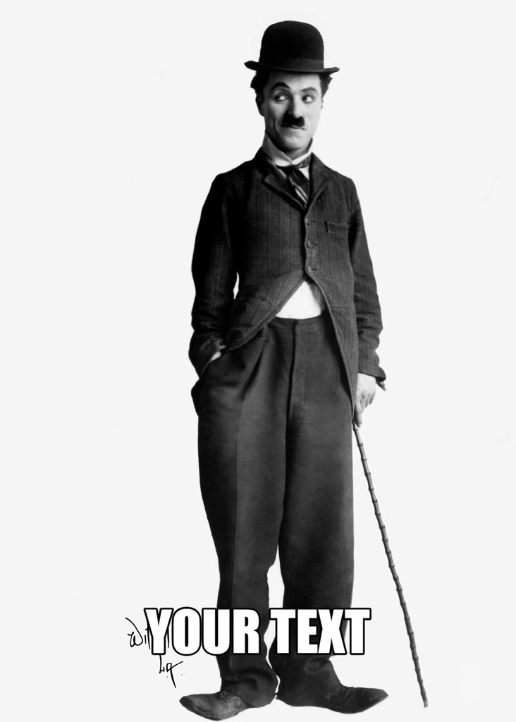 Charlie Chaplin in a suit and bowler hat holding a cane