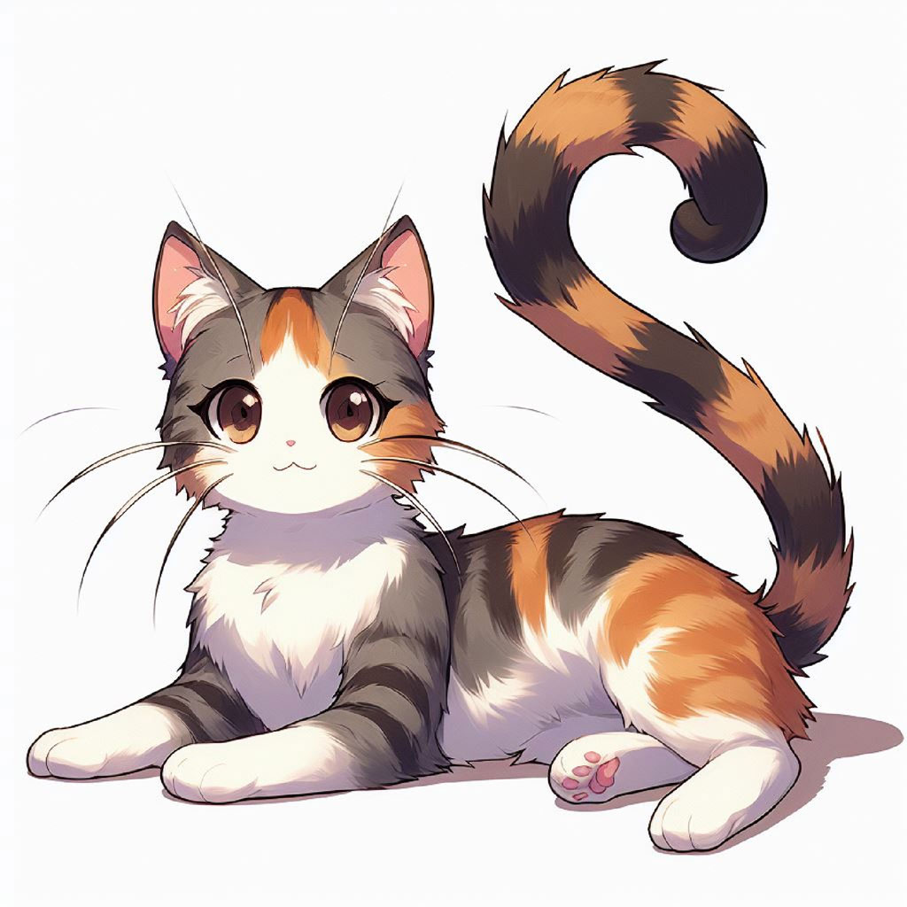 A cartoon cat with orange and white fur, wearing a scarf and sitting with its tail curled.