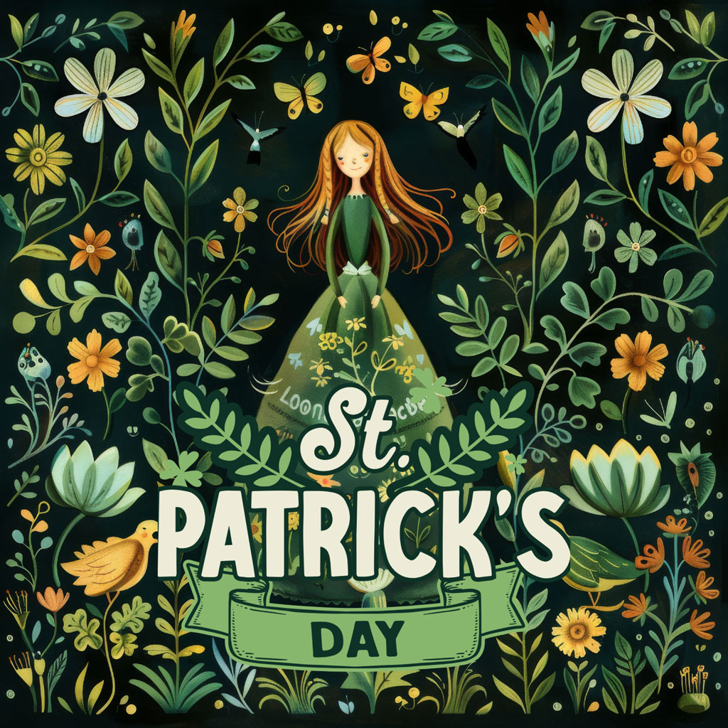 St. Patrick's Day illustration featuring a girl in a green dress amidst flowers and butterflies