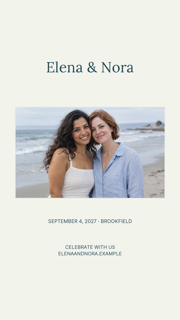Minimal wedding story layout with two women by the beach and the names Elena and Nora.