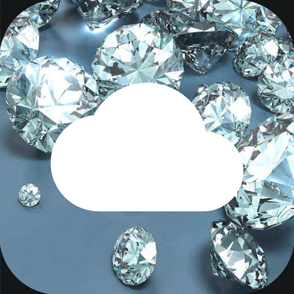 A cloud icon surrounded by various cut diamonds on a blue background