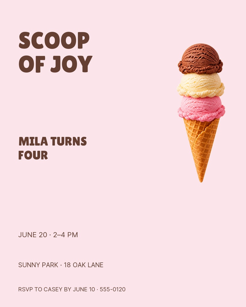 Pink birthday portrait post with stacked ice cream cone and text reading Scoop of Joy and Mila Turns Four.