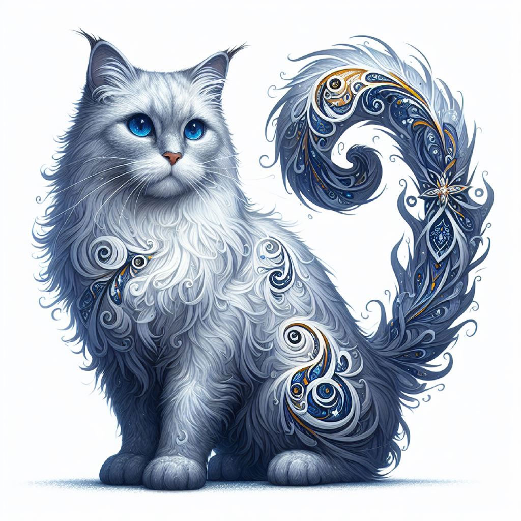 A colorful cat with large, ornate wings and a sparkling collar