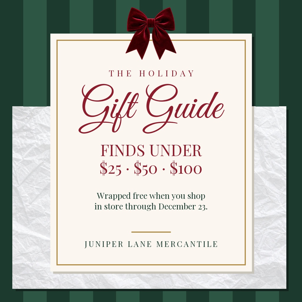 Square holiday gift guide post with a ribbon, gift prices, and a cream center panel on a green background.