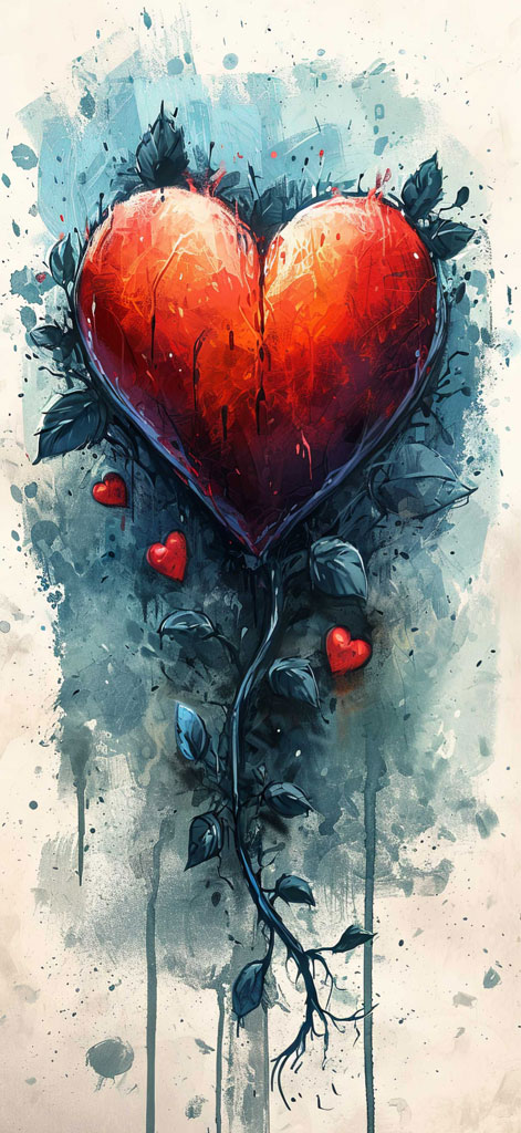 Digital painting of a heart-shaped fruit with roots and leaves