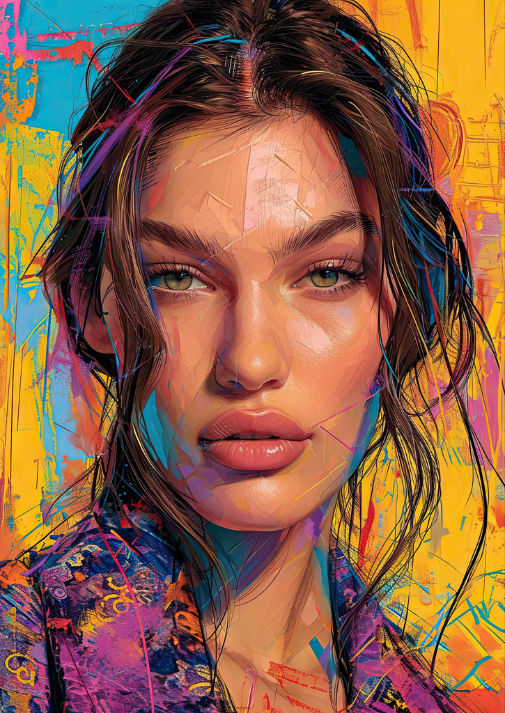 Colorful portrait of a woman with green eyes and brown hair