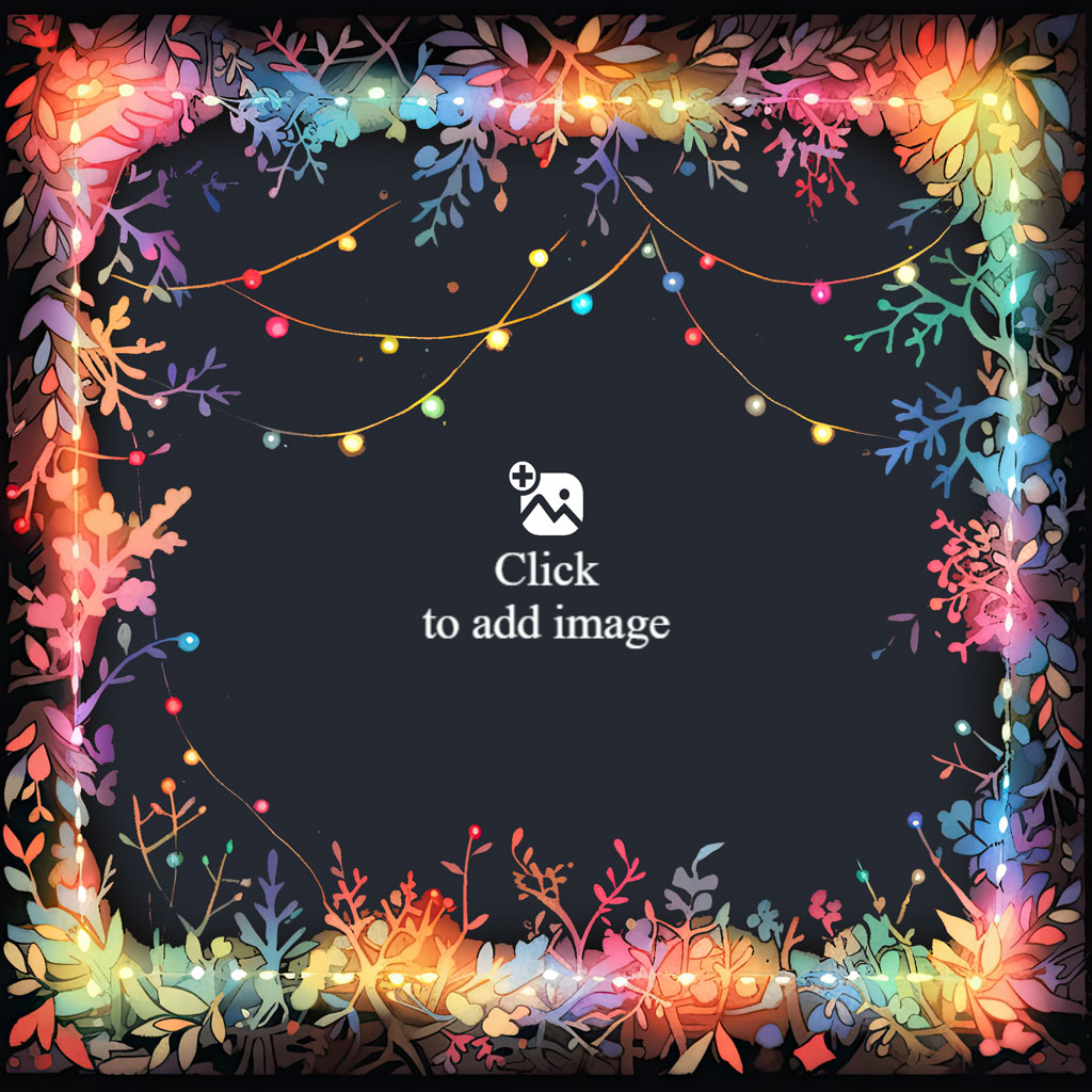 Family of four sitting together outdoors surrounded by colorful lights and floral decorations