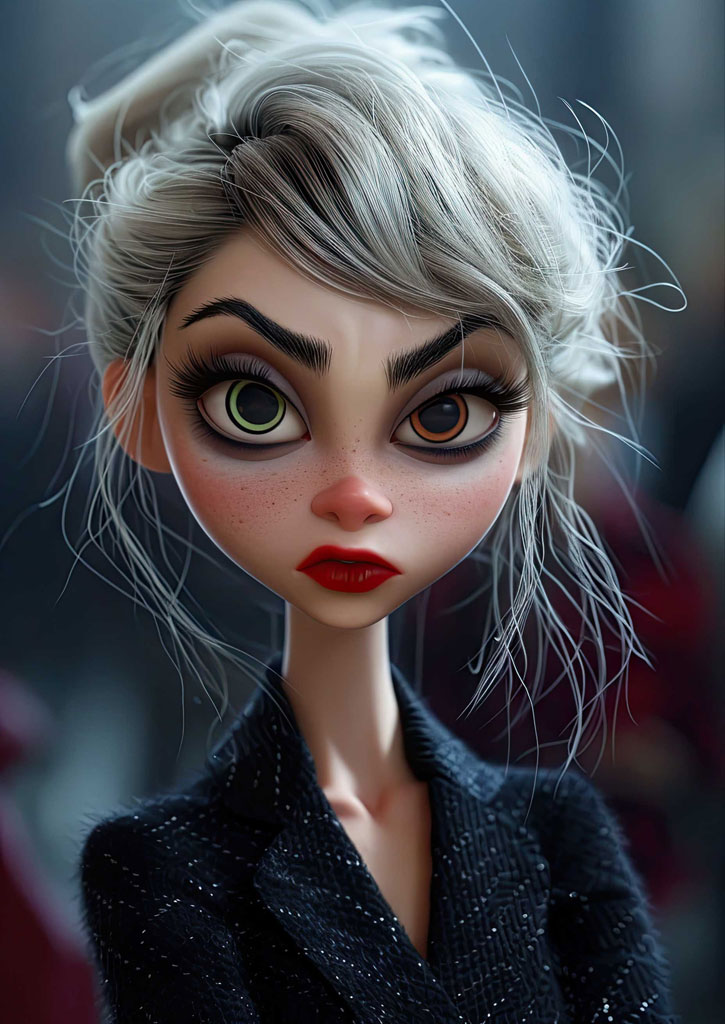 A doll with gray hair and red lips wearing a black top