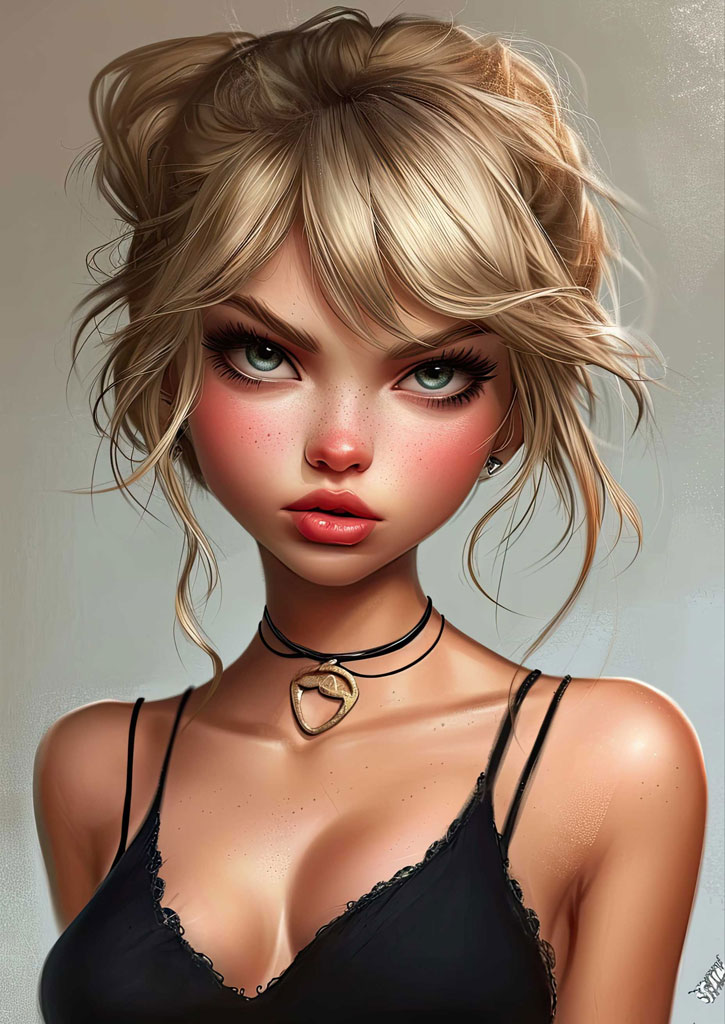 Digital portrait of a blonde woman with blue eyes and black camisole