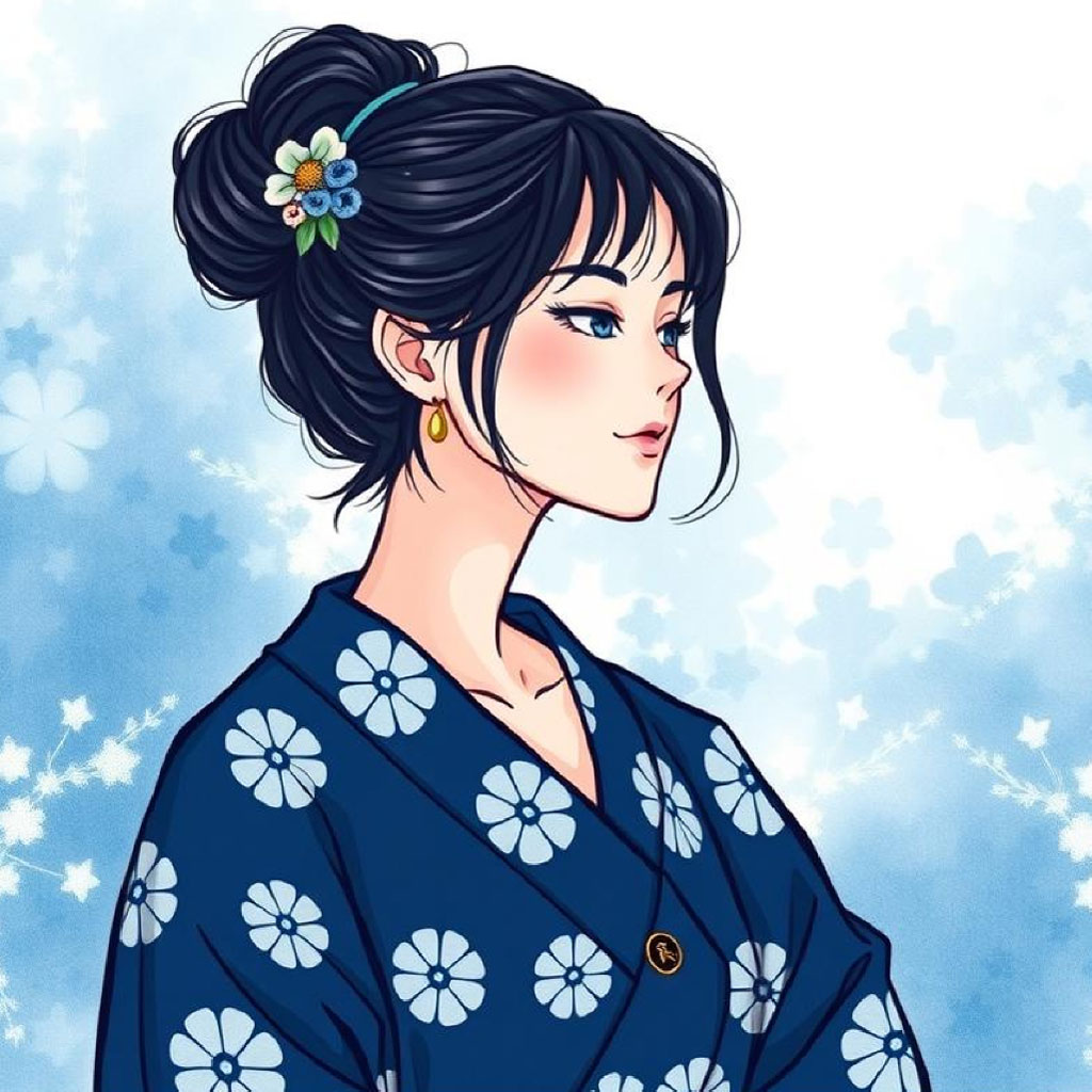 Anime-style portrait of a woman in a blue kimono with white flowers