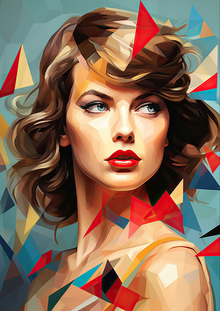 A woman's portrait with colorful geometric shapes around her