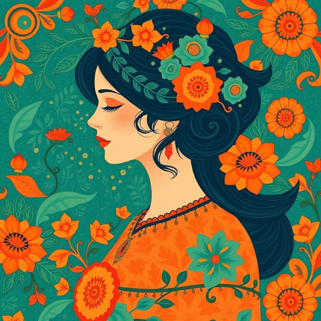 Illustration of a woman with flowers in her hair and an orange floral top against a green floral background