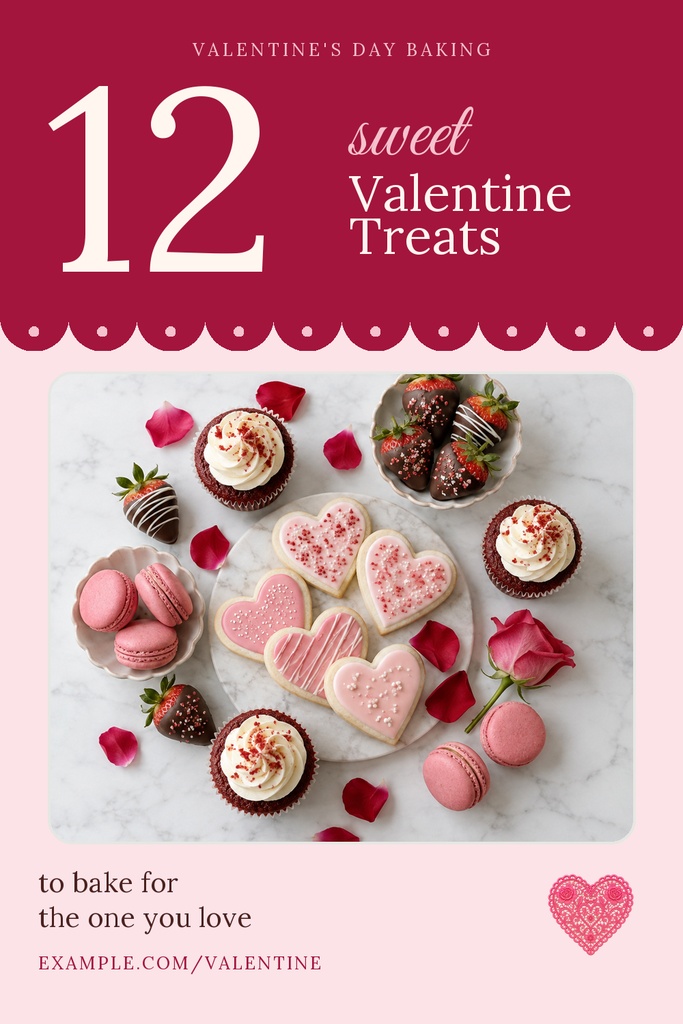 Pinterest pin template with the text 12 Sweet Valentine Treats and a photo of pink and chocolate desserts.