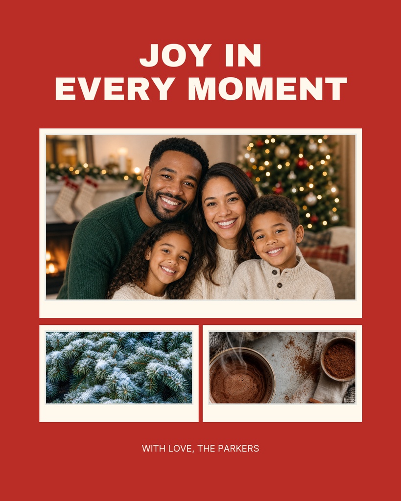 Red holiday card template with family portrait, two winter photo panels, and the phrase Joy in Every Moment.