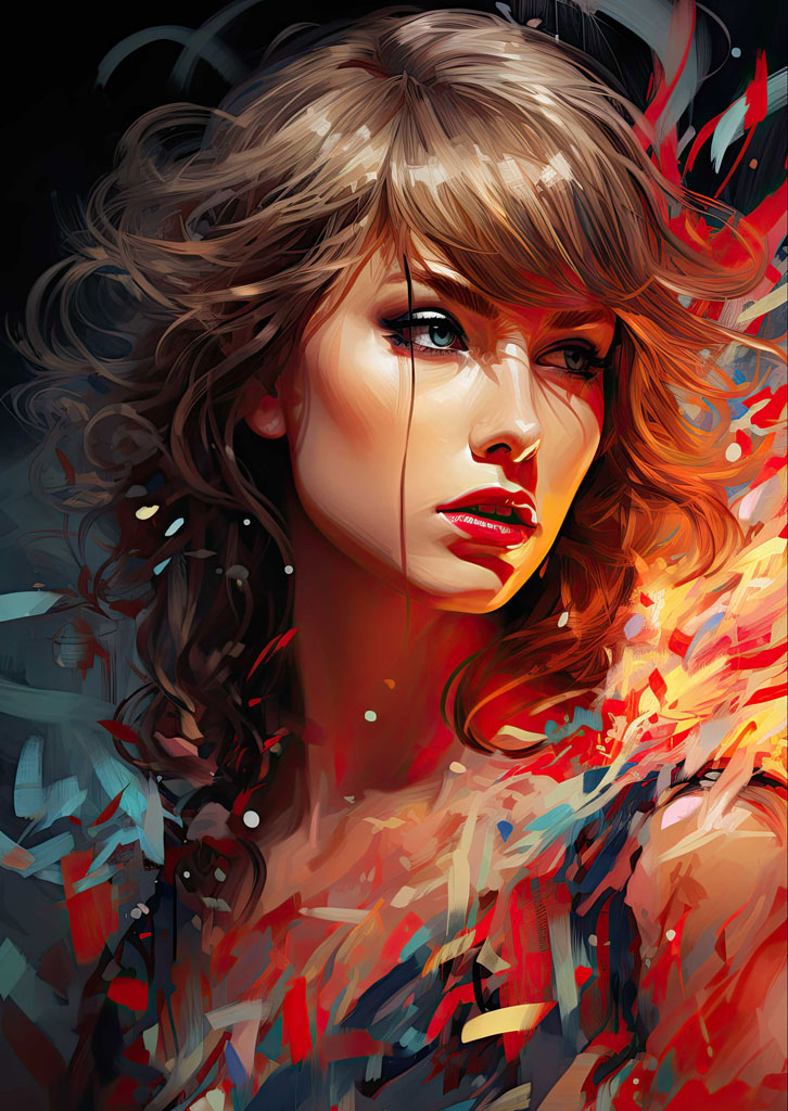 A woman with wavy brown hair and red lips in a dynamic digital painting.