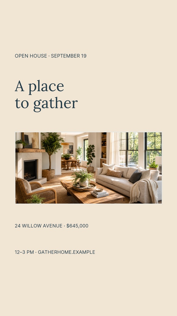 Real estate story template with open house text, living room photo, address, and price details.