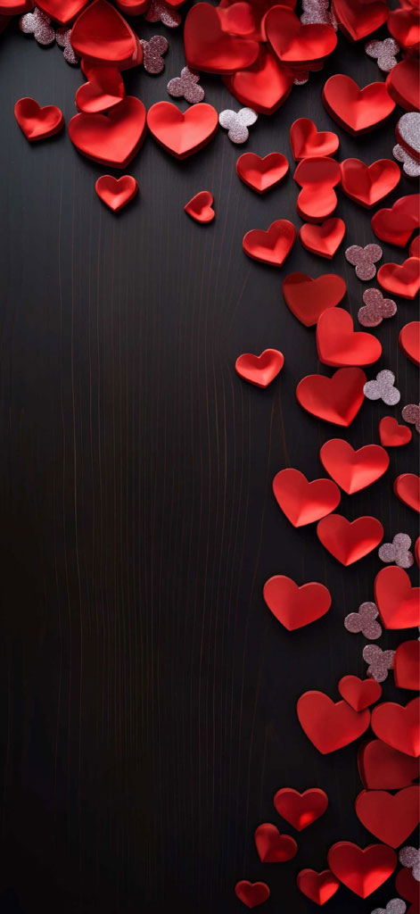 Red hearts and silver decorations scattered on a black background