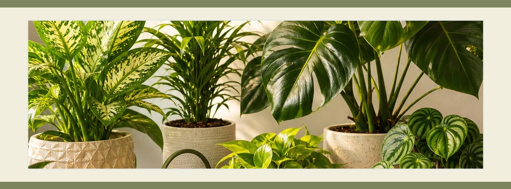 Lush green houseplants arranged in woven and ceramic pots on a light background.