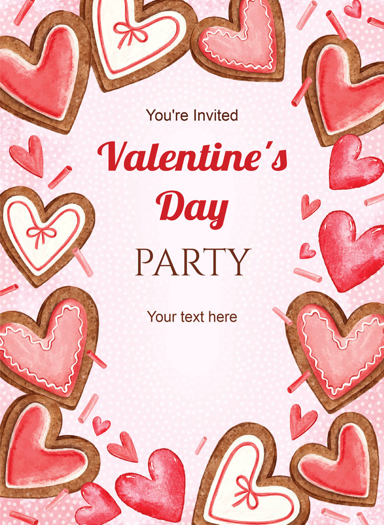 Valentine's Day party invitation featuring heart-shaped cookies