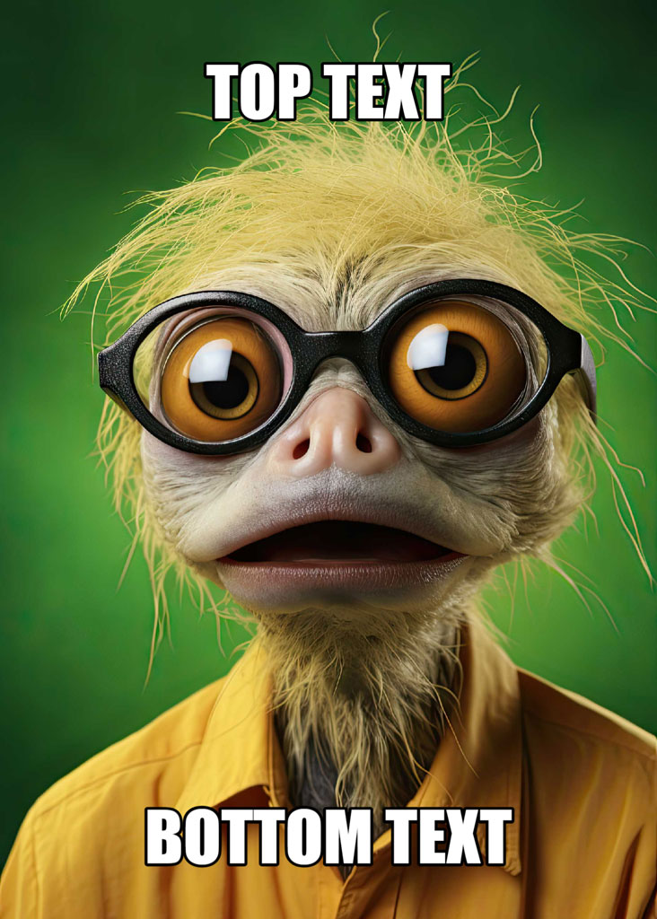 A bird wearing glasses and a yellow shirt with placeholder text for meme creation.