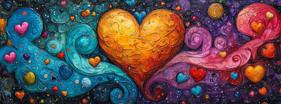 A vibrant orange heart surrounded by swirling blue and pink patterns and smaller hearts on a dark background.