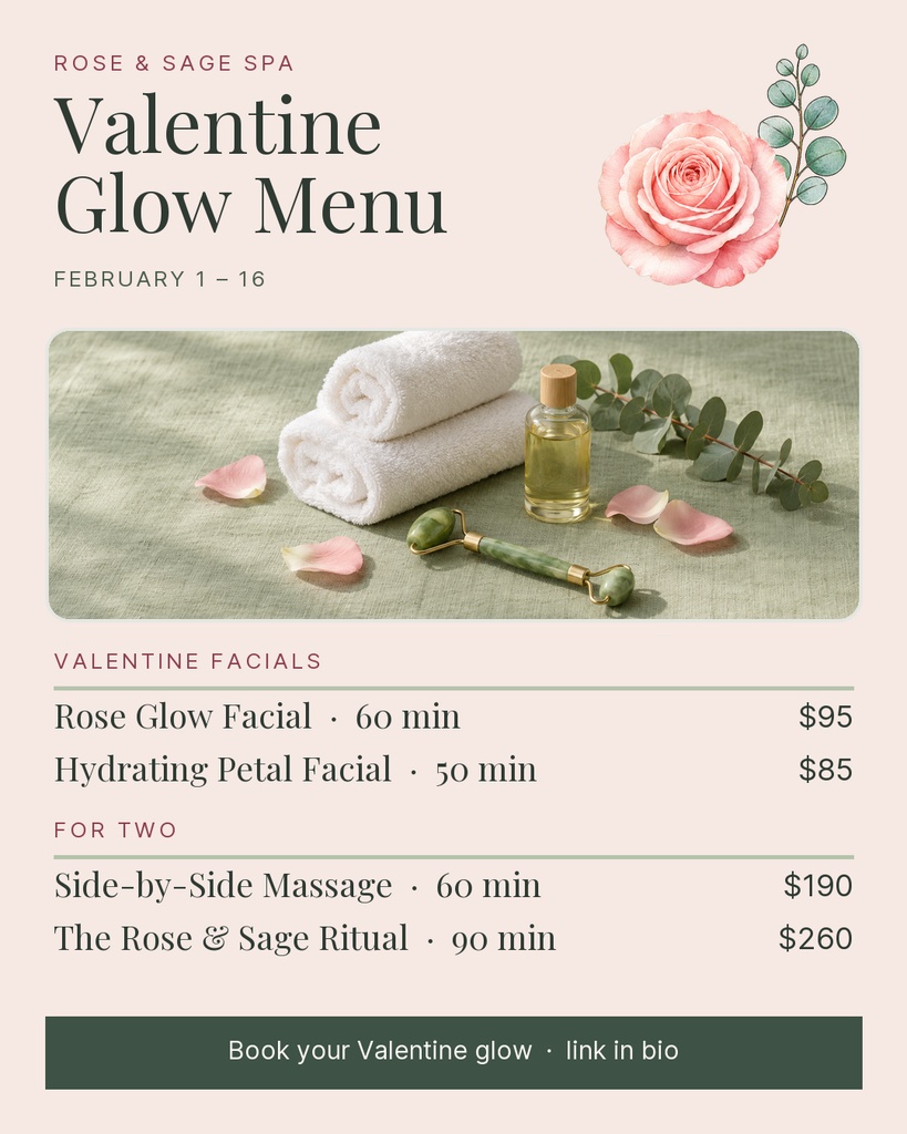 Valentine spa menu portrait post with rose flowers, towels, and service prices.