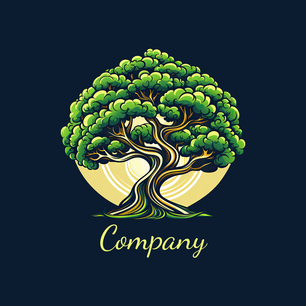 Stylized tree logo with green leaves and intertwined branches against a dark blue background