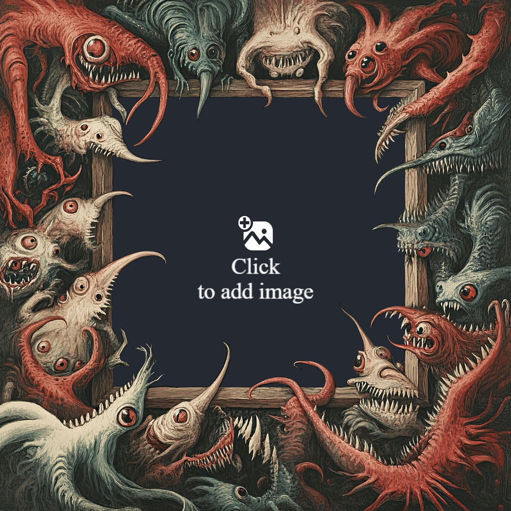 An image of various monstrous creatures with sharp teeth and eyes forming a frame.