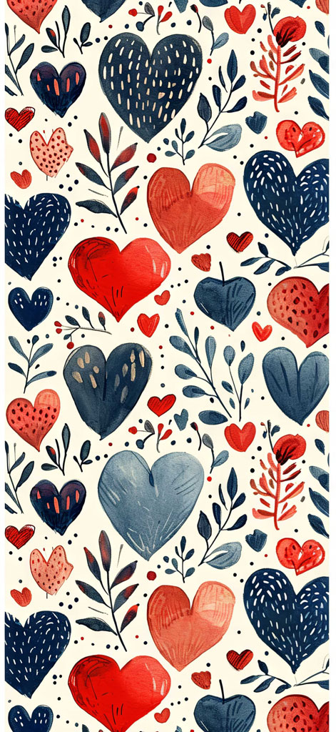 A seamless pattern of red, blue, and pink hearts with leaves and dots on a cream background.