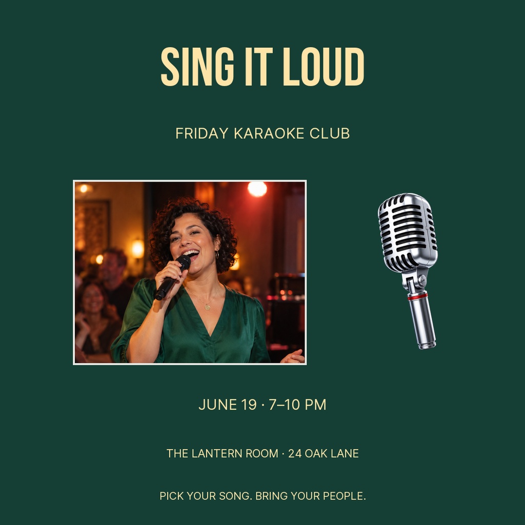 Square poster with Sing It Loud text, karaoke details, singer photo, and microphone graphic on a dark green background.