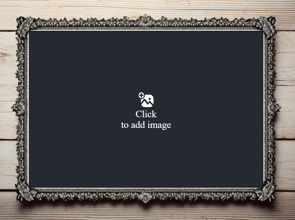 Ornate silver frame with black center on a wooden surface