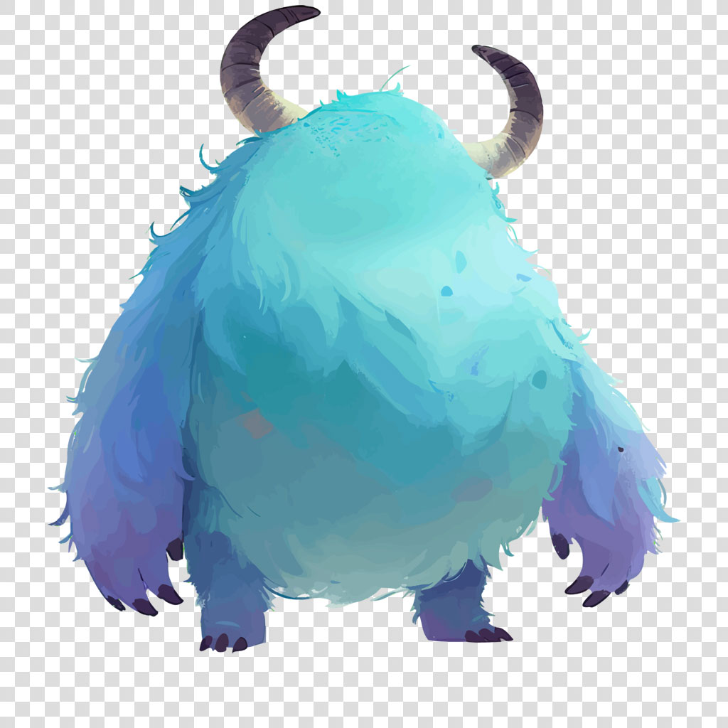 Illustration of a blue and purple creature with horns