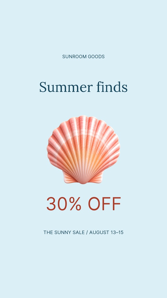 Sky blue vertical sale template with a seashell illustration and 30% off text.