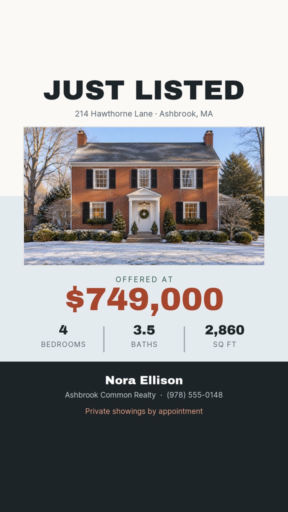 Instagram Story template showing a colonial home photo, just listed headline, and listing price details.