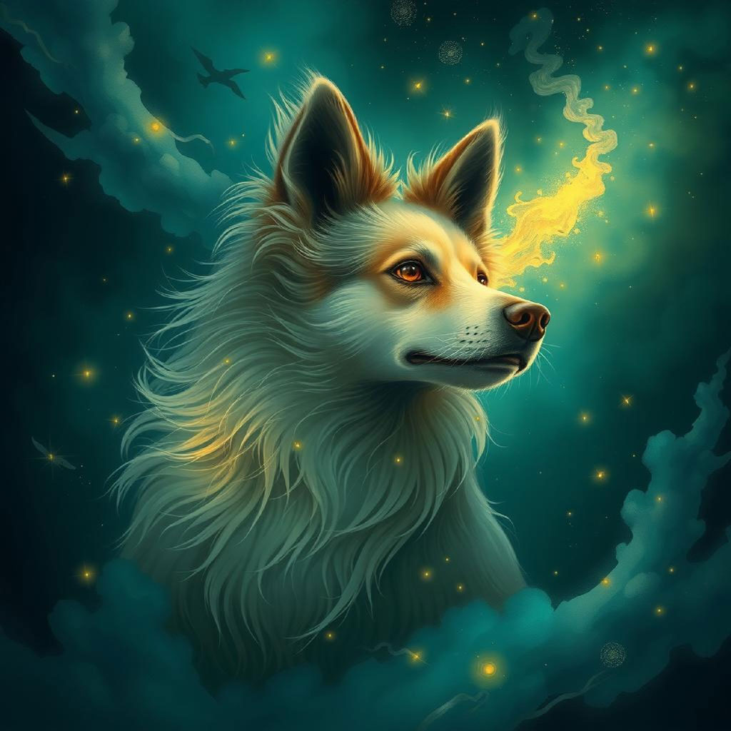 A mystical forest with a golden bird flying near a tree, surrounded by glowing orbs and soft, ethereal light.