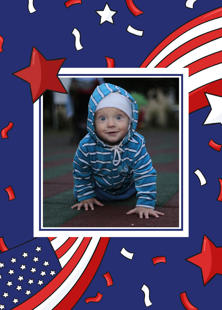 Baby crawling on a striped rug with red, white, and blue decorations