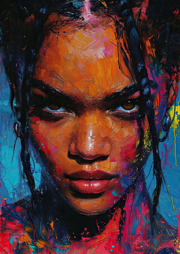 A close-up painting of a woman's face with her eyes closed, featuring a blend of vibrant colors and textured brushstrokes.