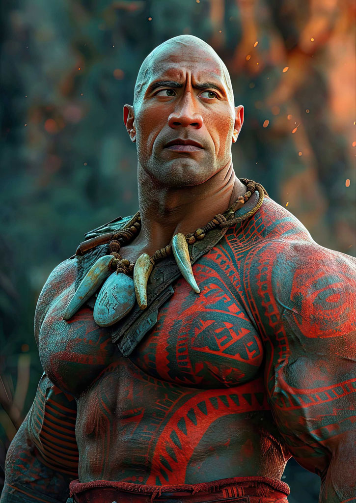 A muscular bald man with red and black tribal tattoos on his body, wearing a necklace made of animal teeth.