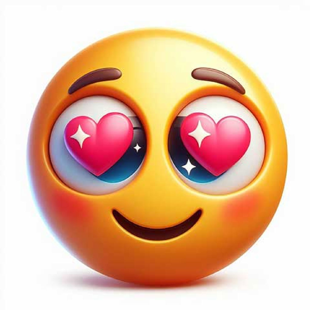 A 3D-rendered yellow smiley face with heart-shaped eyes.