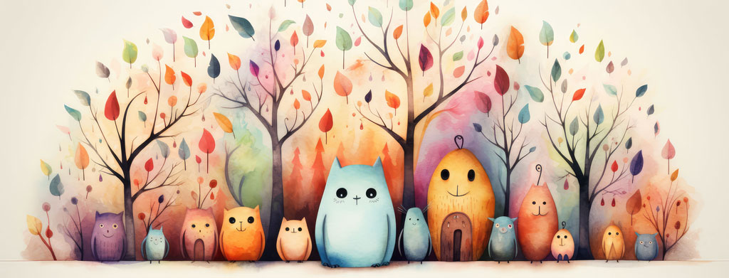 Colorful cartoon creatures standing in front of trees with autumn leaves