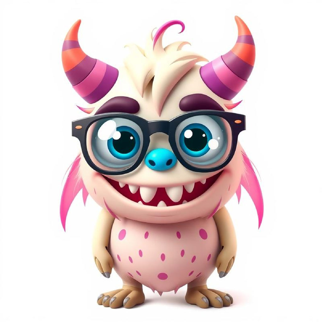 Cartoon monster with large blue eyes, pink spots, and black glasses