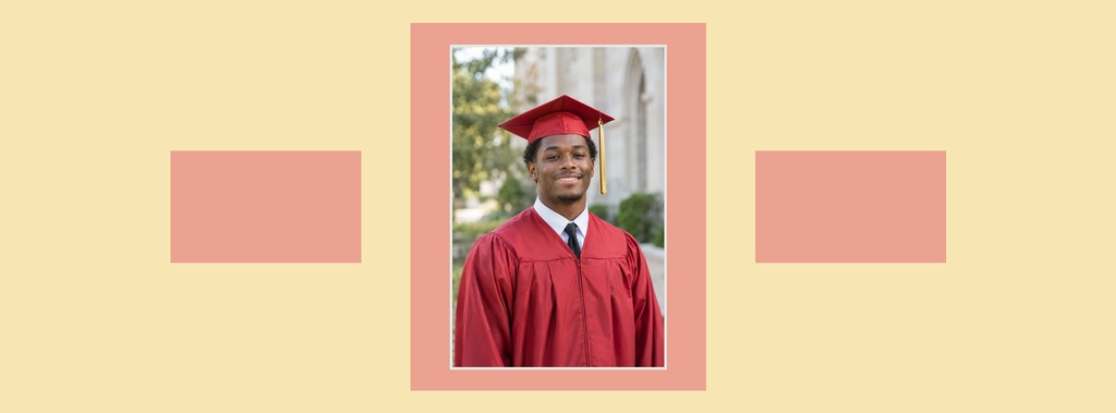 Graduate in a red cap and gown framed on a colorful landscape cover design.