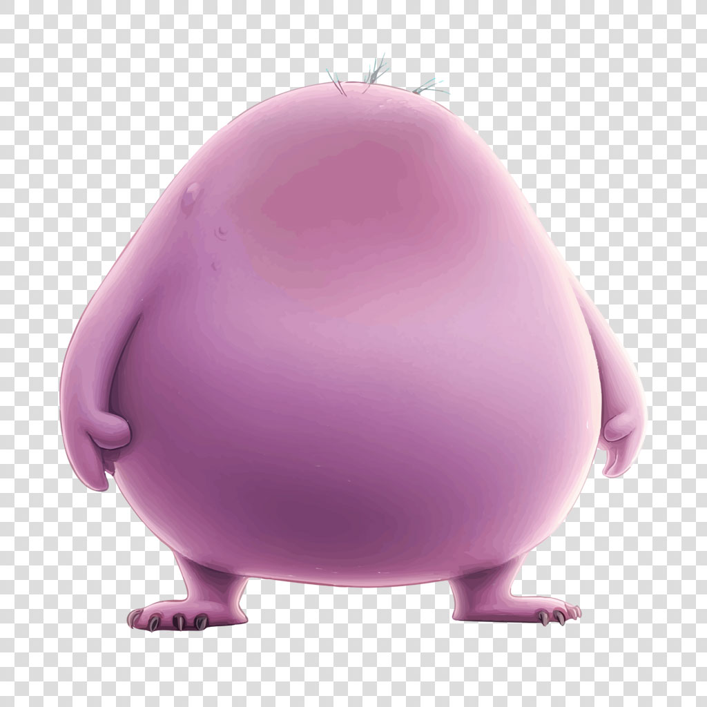 A cartoon character with a large, round purple body and small arms and legs.