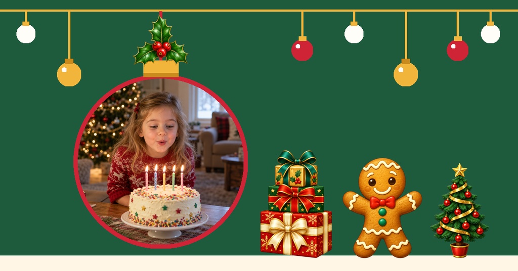 Girl with birthday cake in a circular frame on a green holiday background with gifts and decorations