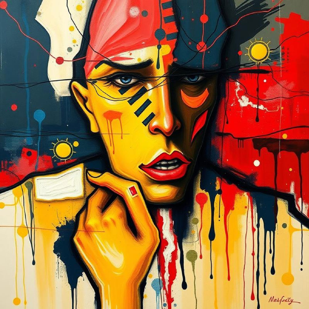 Abstract painting of a person with two contrasting faces and hand on chin
