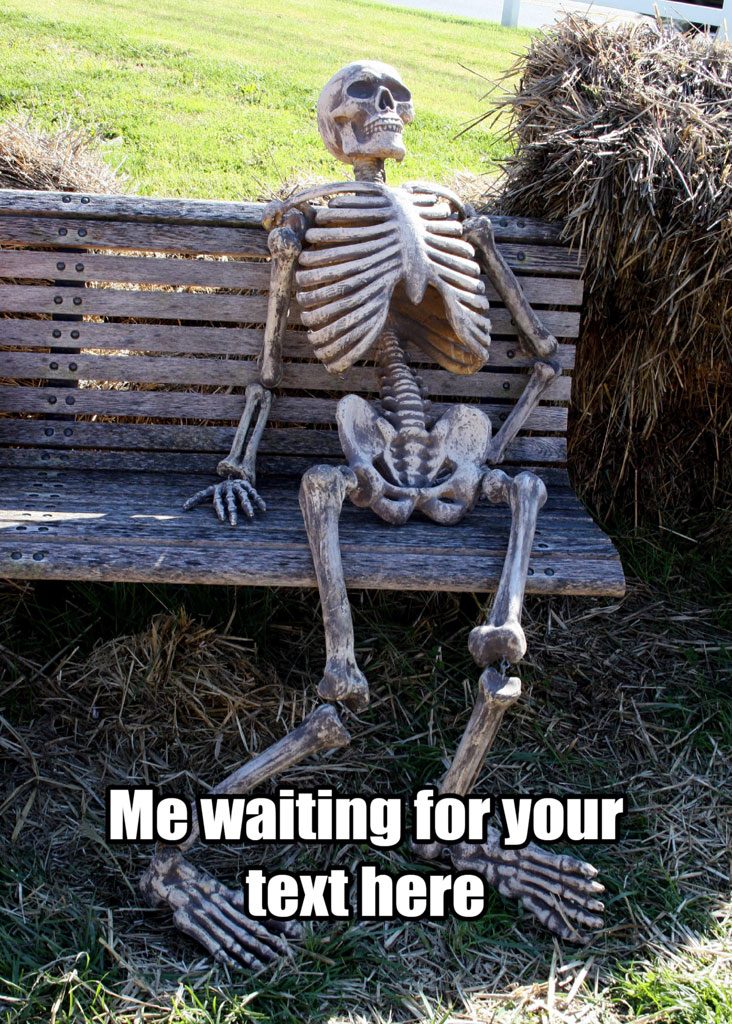 Skeleton sitting on a wooden bench next to a hay bale